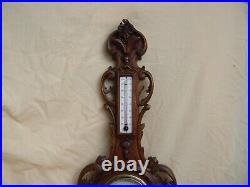 ANTIQUE FRENCH, HAND CARVED WOOD BAROMETER, THERMOMETER, LATE 19th CENTURY