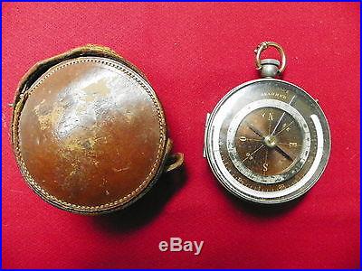ANTIQUE FRENCH POCKET BAROMETER, COMPASS & THERMOMETER W/LEATHER CASE