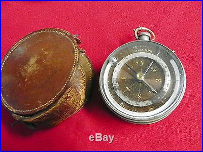 ANTIQUE FRENCH POCKET BAROMETER, COMPASS & THERMOMETER W/LEATHER CASE