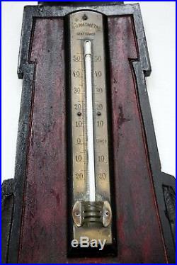 ANTIQUE FRENCH WALL BAROMETER & Thermometer Mahogany Wood 17.5'