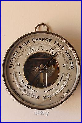 ANTIQUE NAUTICAL BRASS HOLOSTERIC BAROMETER WITH TWIN THERMOMETERS, CA 1880