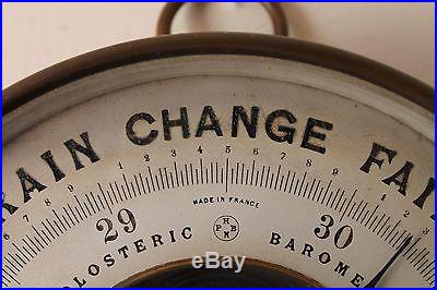 ANTIQUE NAUTICAL BRASS HOLOSTERIC BAROMETER WITH TWIN THERMOMETERS, CA 1880