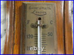 ANTIQUE SHORT & MASON, LONDON HAND CARVED OAK ANEROID BAROMETER 36 long