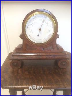 Antique Vintage English Burled Walnut Hand Carved Wood Barometer Thermometer