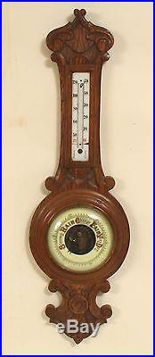 ANTIQUE WALL HANGING CARVED OAK BAROMETER THERMOMETER