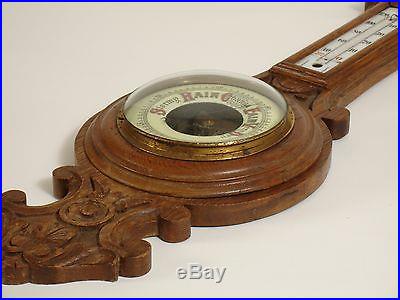 ANTIQUE WALL HANGING CARVED OAK BAROMETER THERMOMETER