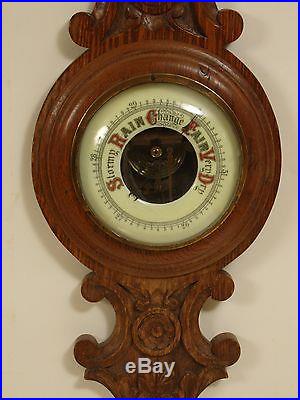ANTIQUE WALL HANGING CARVED OAK BAROMETER THERMOMETER