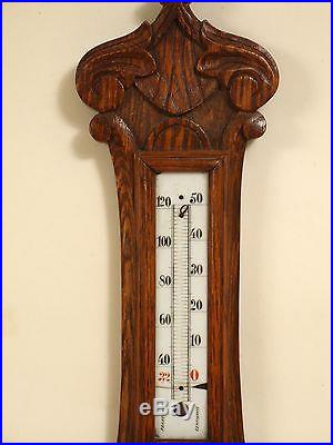 ANTIQUE WALL HANGING CARVED OAK BAROMETER THERMOMETER