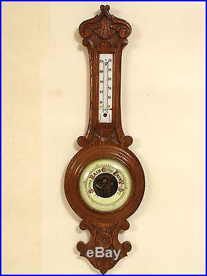 ANTIQUE WALL HANGING CARVED OAK BAROMETER THERMOMETER