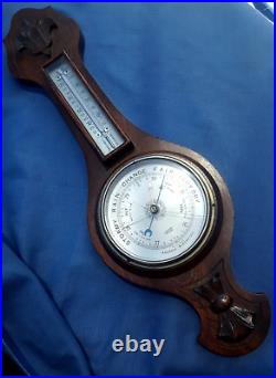 ANTQ HC Fleur-De-Lis OAK Banjo Case Porcelain Aneroid Barometer Thermometer 23