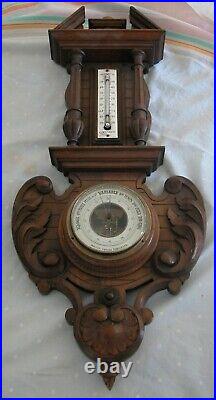 A Fine Antique French Barometer With Thermometer On A Hand Carved Wooden Board