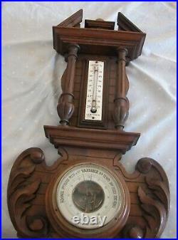 A Fine Antique French Barometer With Thermometer On A Hand Carved Wooden Board