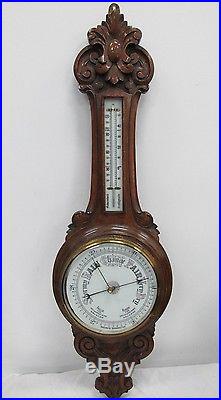Aneroid Banjo Barometer Thermometer Dual Dial Hand Carved Wood Wall Station