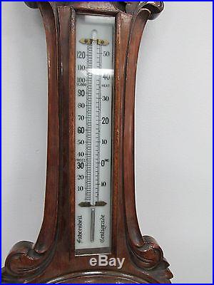 Aneroid Banjo Barometer Thermometer Dual Dial Hand Carved Wood Wall Station