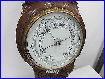 Aneroid Banjo Barometer Thermometer Dual Dial Hand Carved Wood Wall Station