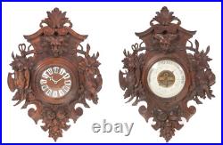 Antique 1800's Black Forest Carved Clock And Barometer