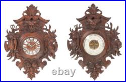 Antique 1800's Black Forest Carved Clock And Barometer