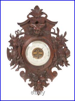 Antique 1800's Black Forest Carved Clock And Barometer