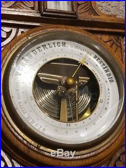 Antique 1800's German Victorian Carved Oak Weather Station Wall Barometer Clock