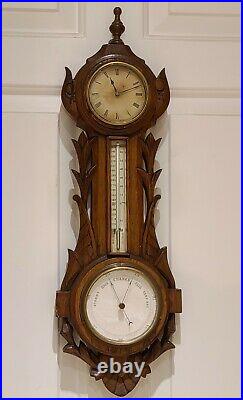 Antique 1881 German Victorian Carved Walnut Wall Barometer Thermometer Clock
