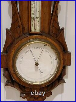 Antique 1881 German Victorian Carved Walnut Wall Barometer Thermometer Clock