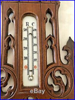 Antique 1900s German Wood Carved Wall Barometer Thermometer