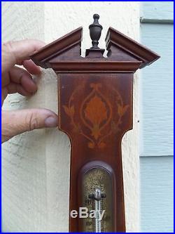 Antique 1922 SHORT & MASON BAROMETER & THERMOMETER Mahogany Inlaid Wood SUPERB
