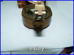 Antique 19C English Brass Compass 2 Level-Gauges, D 5.5cm 251g Original Wood Box