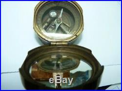 Antique 19C English Brass Compass 2 Level-Gauges, D 5.5cm 251g Original Wood Box