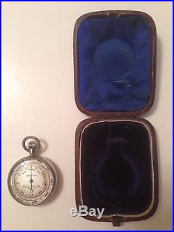 Antique 19 Century Pocket Barometer Silver Plated With Leather Case
