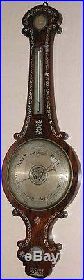 Antique 19c English Wheel Banjo Barometer Figural MOP Inlay Caminada Manchester