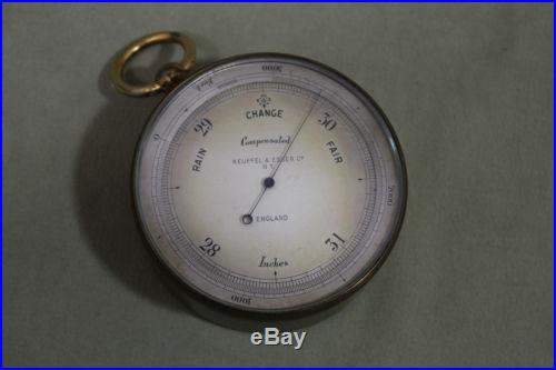 Antique 19thC Keuffel & Esser Co N. Y. Brass Pocket Barometer & Leather Case