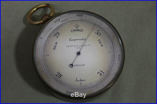 Antique 19thC Keuffel & Esser Co N. Y. Brass Pocket Barometer & Leather Case