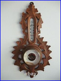 Antique 19thC Victorian Hand Carved Black Forest Thermometer Barometer