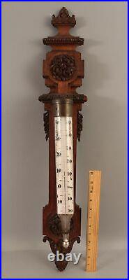 Antique 19thC Victorian Hand Carved Black Forest Walnut Thermometer & Barometer