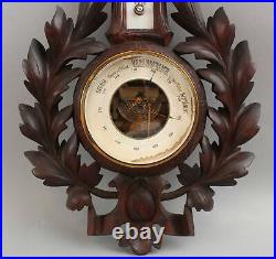 Antique 19thC Victorian Hand Carved Black Forest Walnut Thermometer Barometer