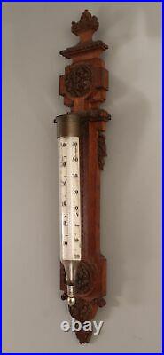 Antique 19thC Victorian Hand Carved Black Forest Walnut Thermometer & Barometer