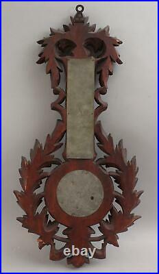 Antique 19thC Victorian Hand Carved Black Forest Walnut Thermometer Barometer