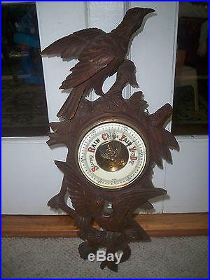 Antique 19th C German Black Forest Wood Carving Birds Glass Eyes Barometer
