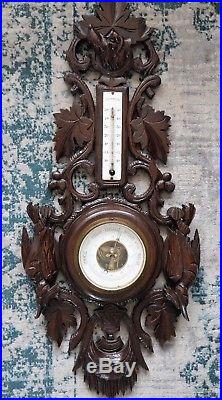 Antique 19th C. Hand Carved Black Forest Barometer Hunt Theme Dog Bird Birds 29
