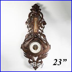 Antique 19th C. Hand Carved Black Forest Barometer with Swans, Unusual Theme