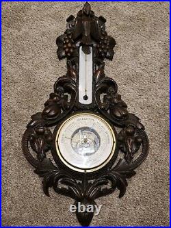 Antique 19th C. Hand Carved Black Forest Germany Wall Barometer Thermometer 23