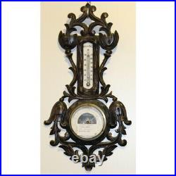 Antique 19th Swiss original Barometer Brienz carved wood thermometer