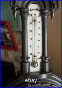Antique 19th c ebony Wood Wall Barometer Milk Glass Thermometer J W Elberfeld