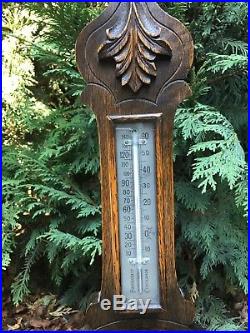 Antique 23 English Carved Oak Weather Station Barometer Thermometer England