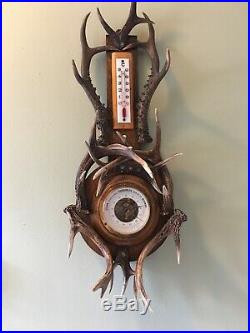 Antique Adirondack Lodge-style German Barometer with Roe Deer Antlers