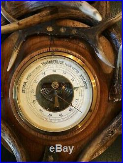 Antique Adirondack Lodge-style German Barometer with Roe Deer Antlers