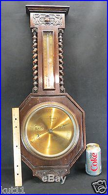 Antique Aitchison Aneroid Barometer With Thermometer Carved Turned Case