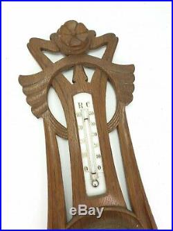 Antique Art Nouveau Jugendstil Wooden Weather Station Barometer Thermometer