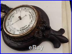 Antique BLACK FOREST Hand-carved wood BAROMETER & THERMOMETER c. 1900